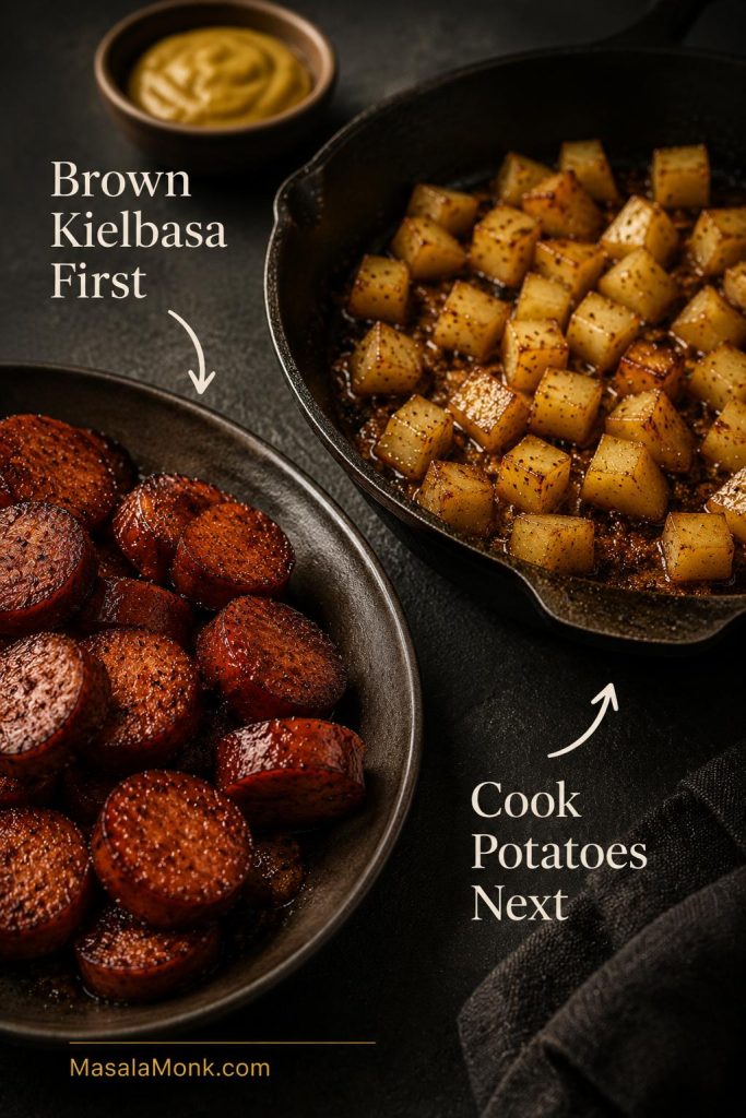 Instructional image showing browned kielbasa on a plate and potatoes cooking in sausage drippings.