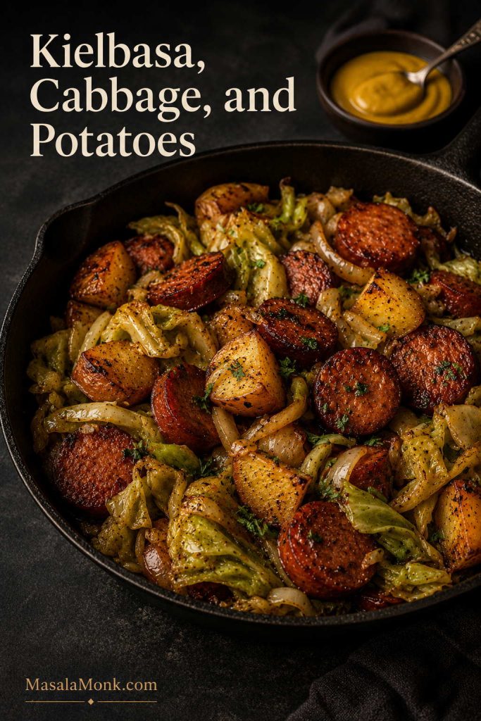 Skillet of kielbasa, cabbage, and potatoes with mustard on the side.