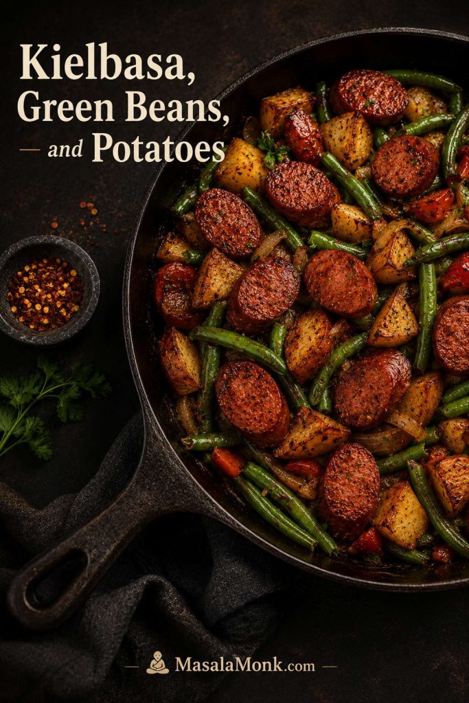 Skillet of kielbasa, green beans, potatoes, onions, and peppers.