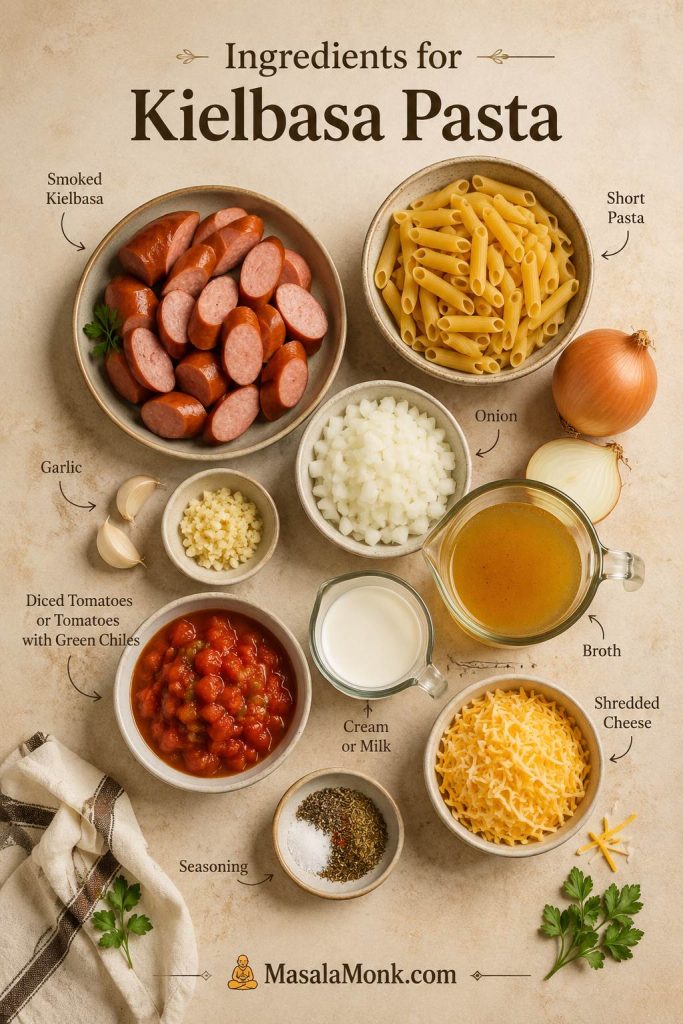 Ingredients for kielbasa pasta including smoked kielbasa, short pasta, onion, garlic, broth, tomatoes, cream, cheese, and seasoning.