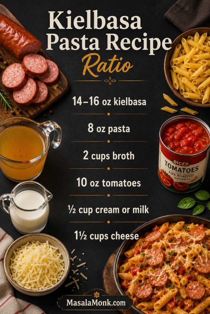 Ratio board for kielbasa pasta showing kielbasa, pasta, broth, tomatoes, cream or milk, and shredded cheese.