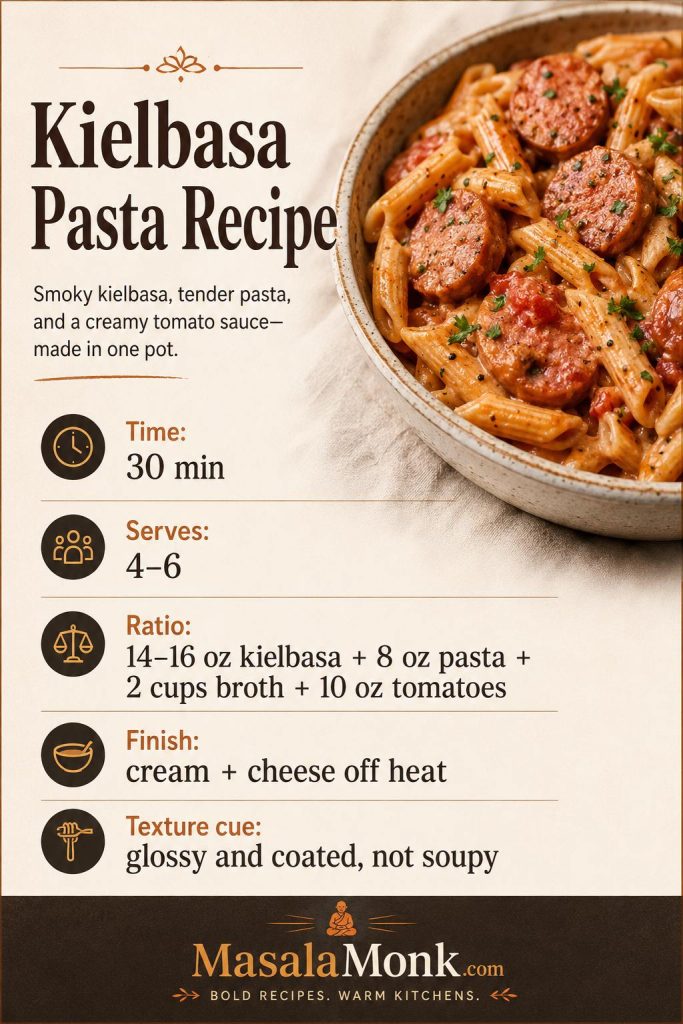 Saveable kielbasa pasta recipe card with time, servings, ingredient ratio, off-heat cheese finish, and texture cue.