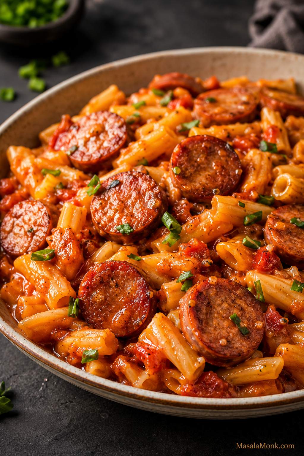 Bowl of kielbasa pasta with browned sausage slices, short pasta, tomato-cheese sauce, and parsley garnish.