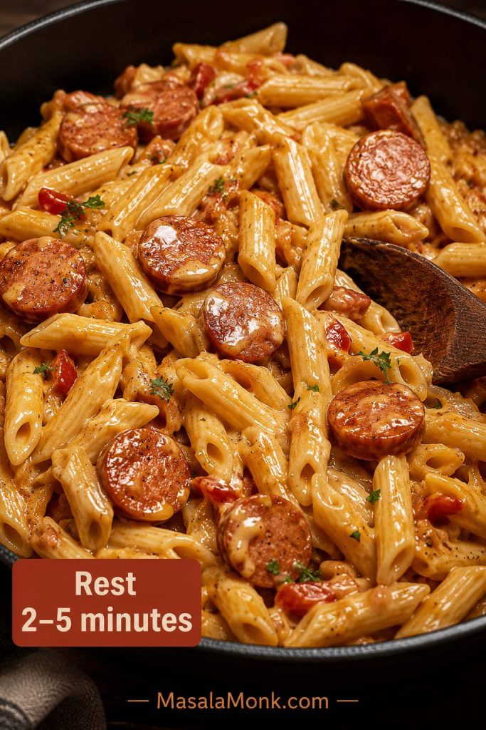 Finished kielbasa pasta resting in a skillet with glossy sauce and the text Rest 2–5 minutes.