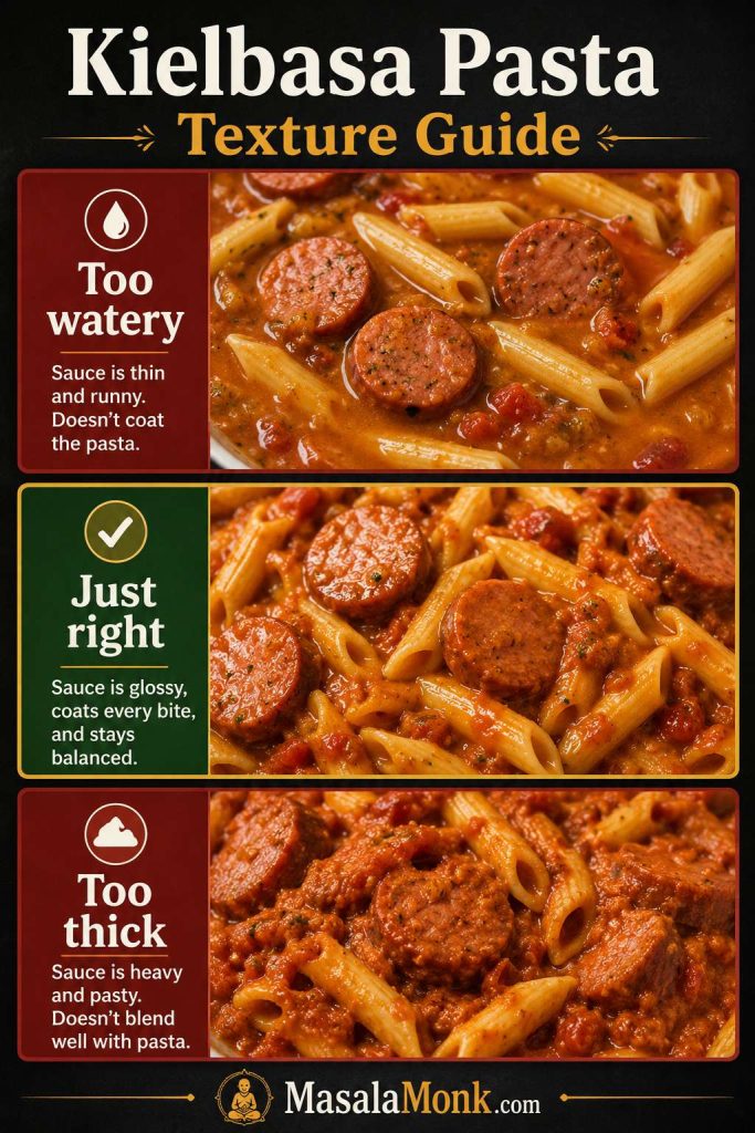 Texture guide showing kielbasa pasta sauce that is too watery, just right, and too thick.