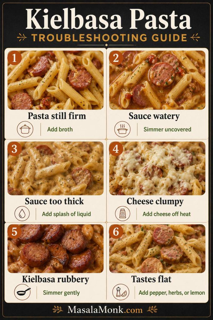 Troubleshooting guide for kielbasa pasta with fixes for firm pasta, watery sauce, thick sauce, clumpy cheese, rubbery kielbasa, and flat flavor.