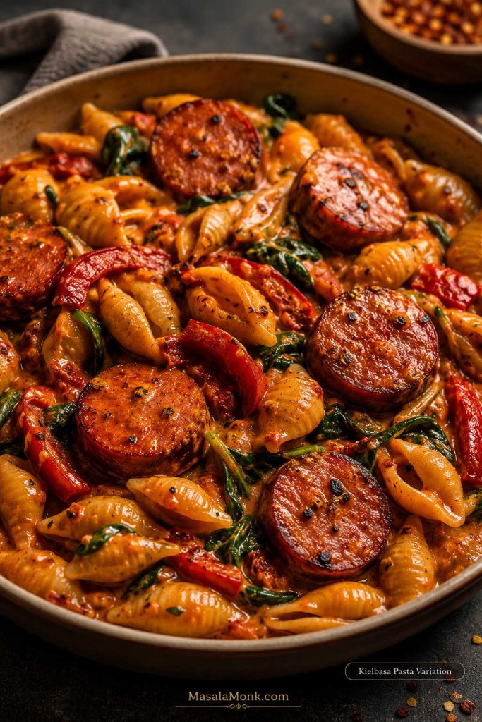 Kielbasa pasta variation with thick browned kielbasa coins, pasta shells, creamy tomato sauce, spinach, peppers, and herbs.