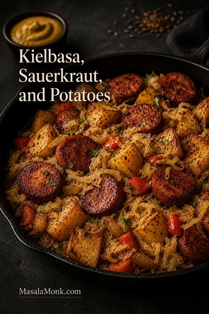 Skillet of browned kielbasa, potatoes, and sauerkraut with mustard and caraway nearby.