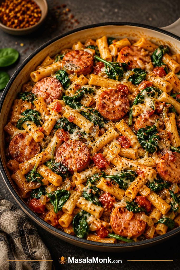 Kielbasa spinach pasta with wilted spinach, browned sausage slices, short pasta, tomatoes, and creamy sauce.