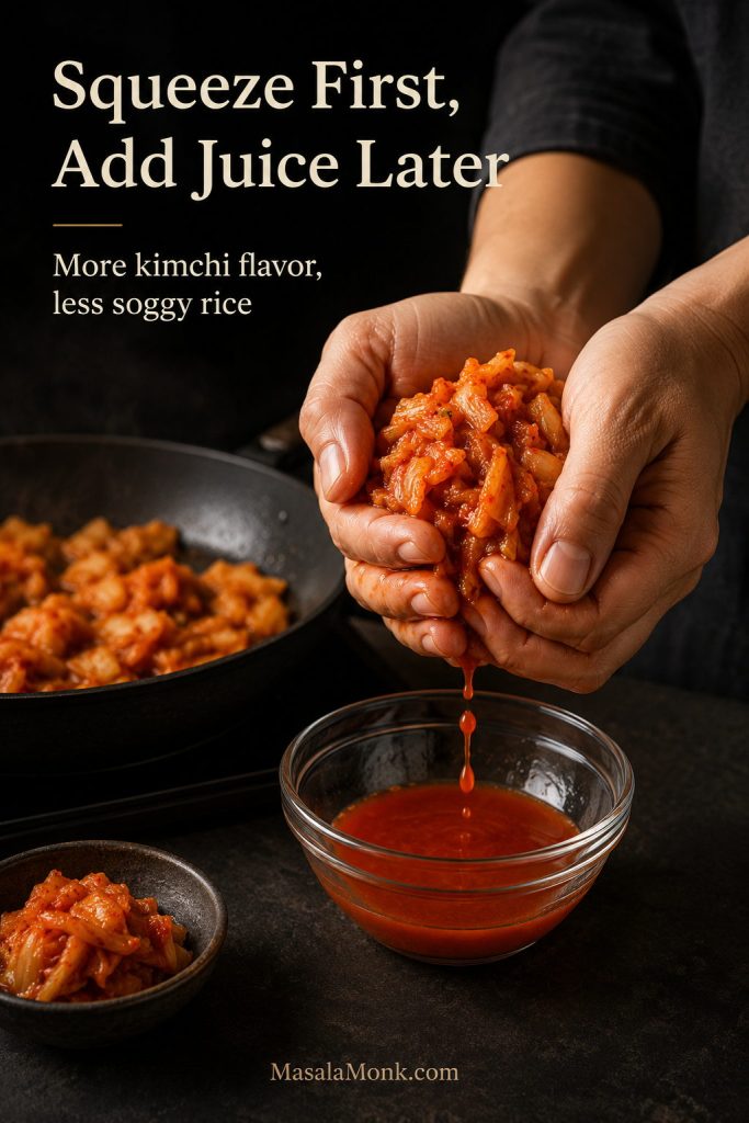 Chopped kimchi being squeezed over a bowl to remove excess liquid, with fried kimchi cooking in a pan nearby.