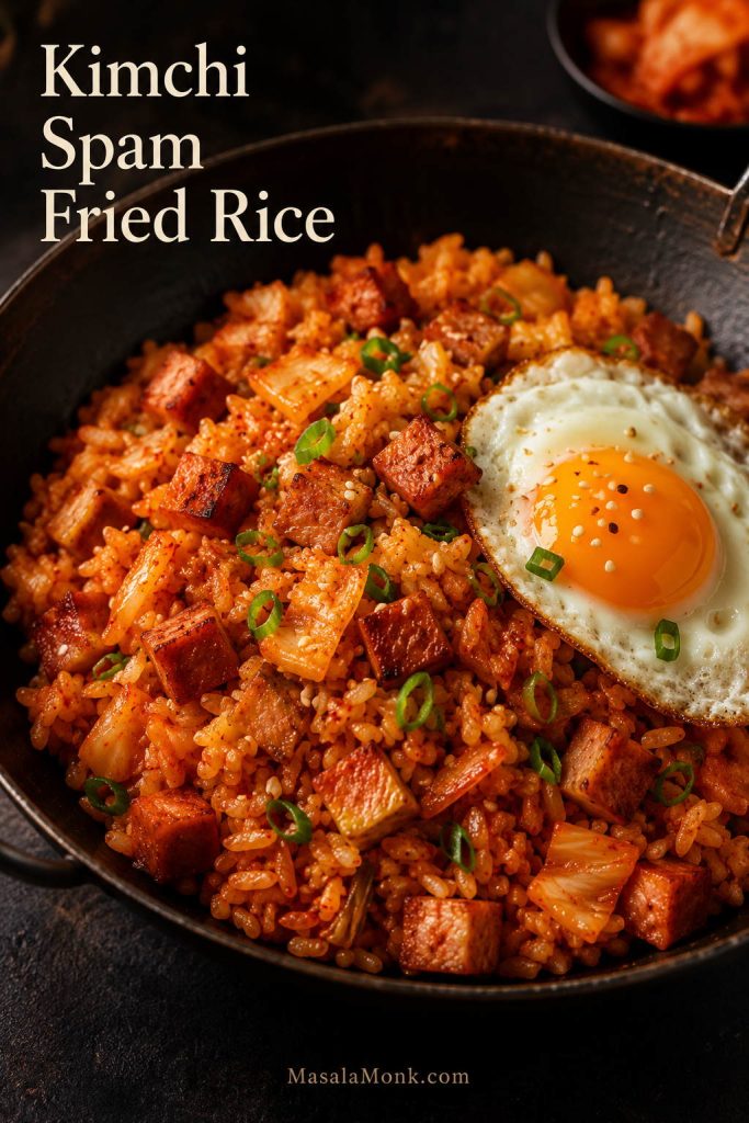 Kimchi fried rice in a bowl with red-orange rice, crispy Spam cubes, kimchi pieces, scallions, sesame seeds, and a fried egg.