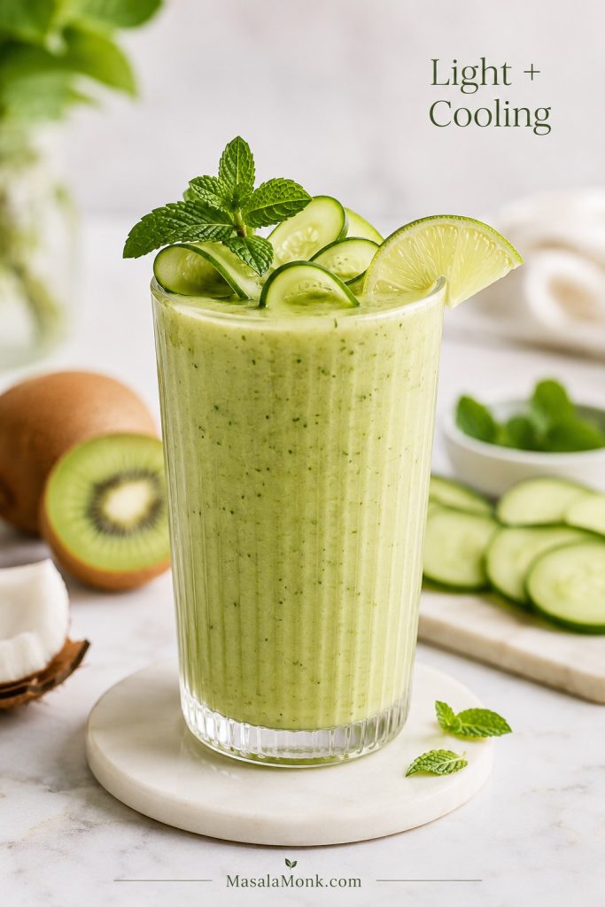 Light kiwi cucumber smoothie with cucumber slices, mint, lime, and kiwi