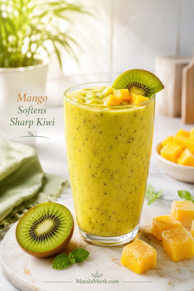 Golden-green kiwi mango smoothie with mango cubes and sliced kiwi