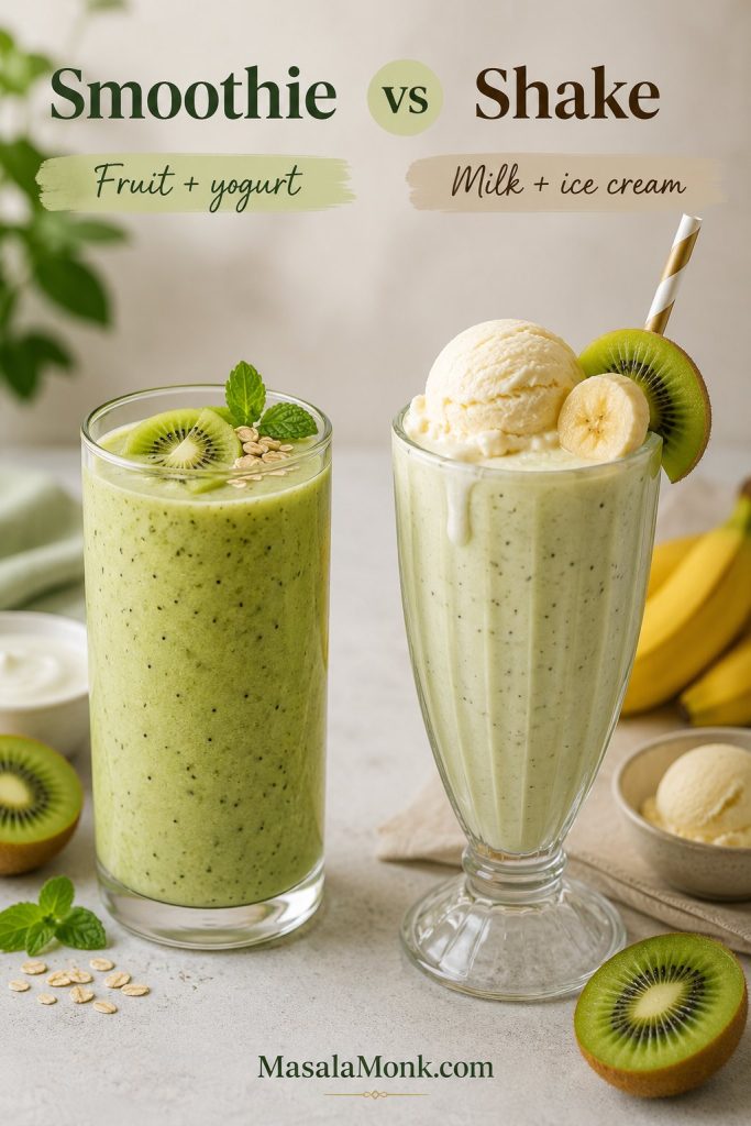 Kiwi smoothie and kiwi milkshake compared in two different glasses