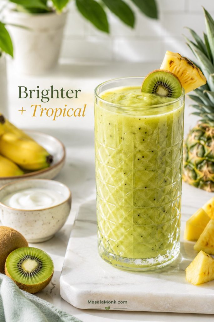Kiwi pineapple smoothie in a tall glass with pineapple and kiwi garnish