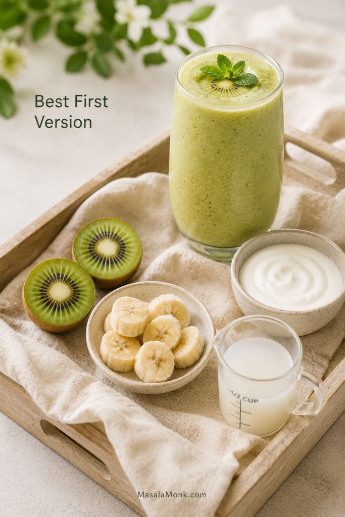 Finished kiwi smoothie with ripe kiwis, frozen banana, Greek yogurt, and milk or coconut water
