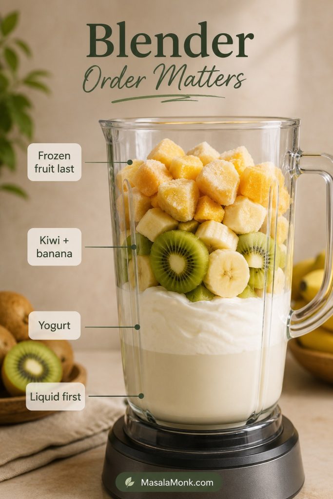 Blender jar layered with liquid, yogurt, kiwi, banana, and frozen fruit for a smoothie