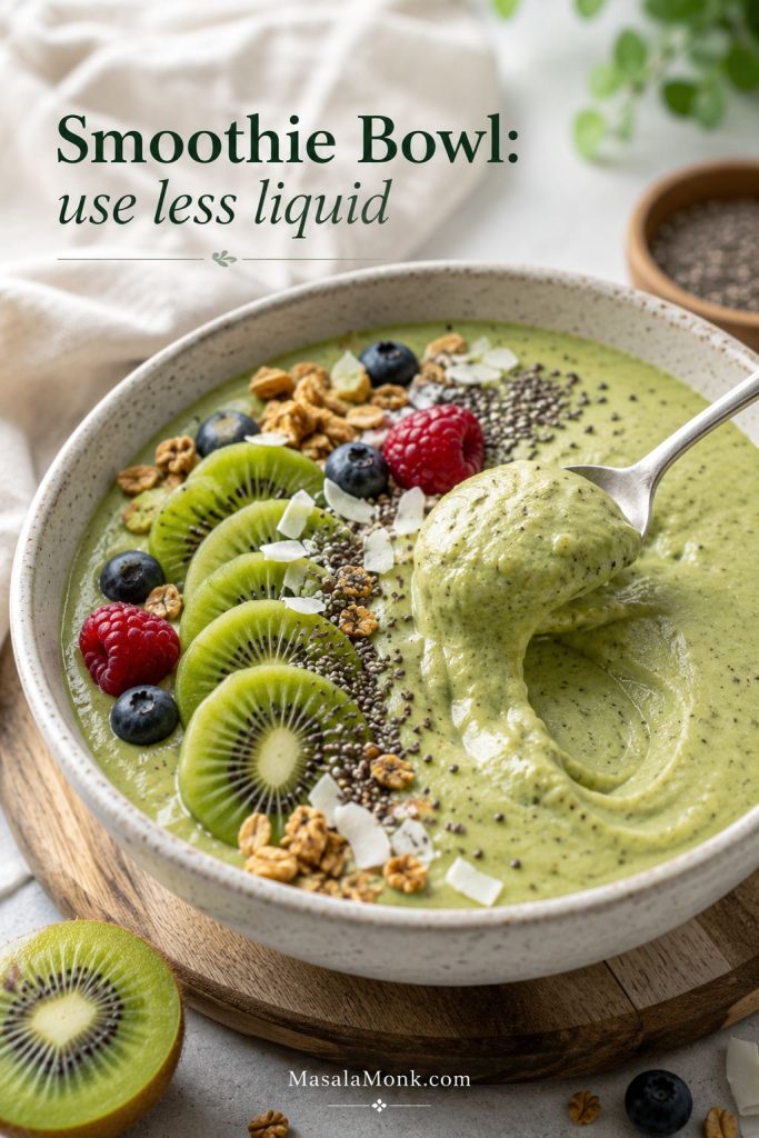 Thick kiwi smoothie bowl with sliced kiwi, berries, granola, coconut, chia, and a spooned texture