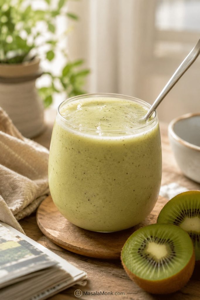 Finished creamy kiwi smoothie served in a glass with sliced kiwi in a warm breakfast setting