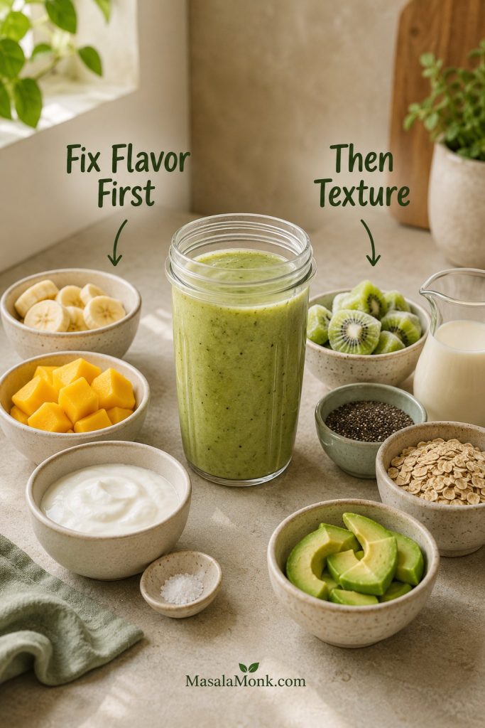 Kiwi smoothie fix guide with flavor ingredients on one side and texture ingredients on the other