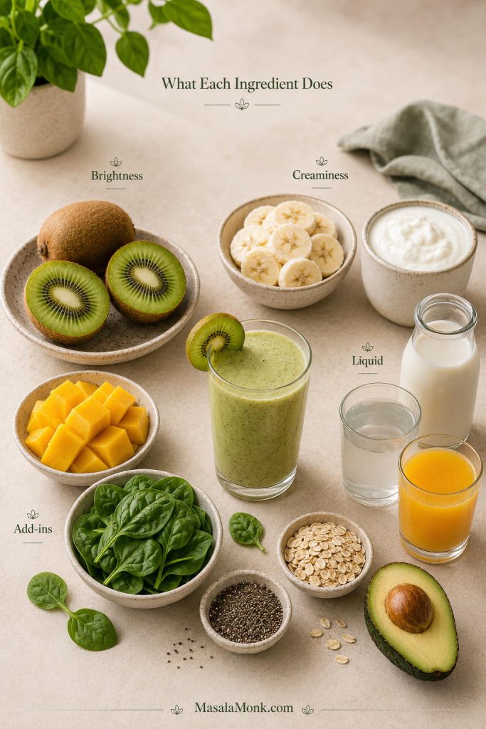 Kiwi smoothie ingredient guide with kiwi, banana, yogurt, liquid, mango, spinach, chia, oats, and avocado grouped by purpose