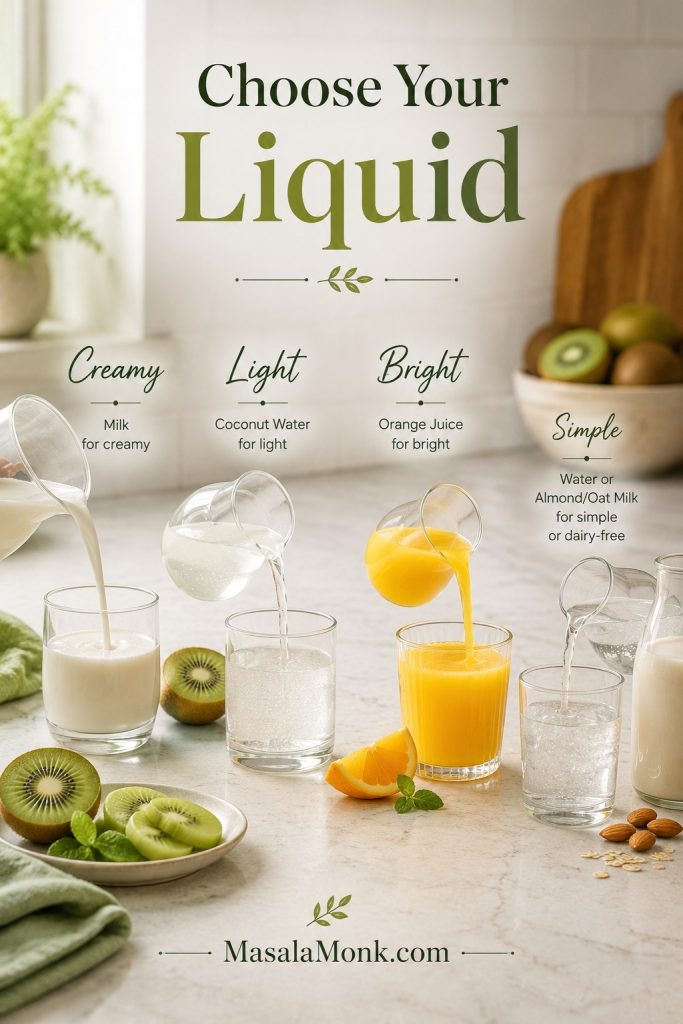 Liquid guide for kiwi smoothies showing milk, coconut water, orange juice, water, and plant milk