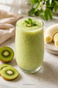 Creamy pale-green kiwi smoothie in a glass with sliced kiwi and banana on a breakfast counter.