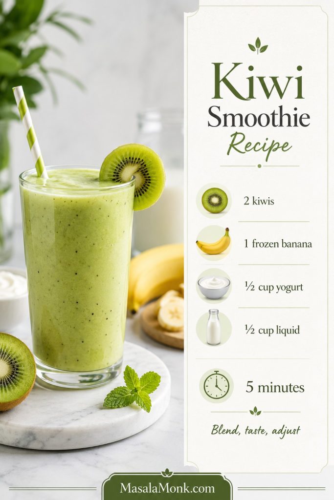 Kiwi smoothie recipe card with a finished smoothie and the base ingredient ratio