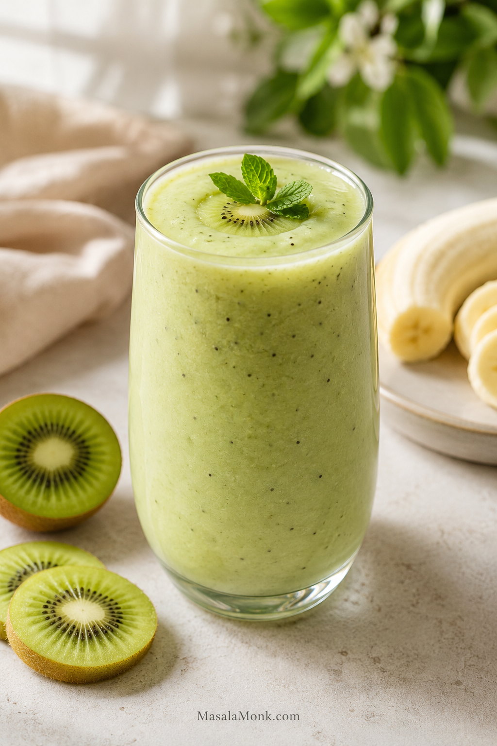 Creamy pale-green kiwi smoothie in a glass with sliced kiwi and banana on a breakfast counter.