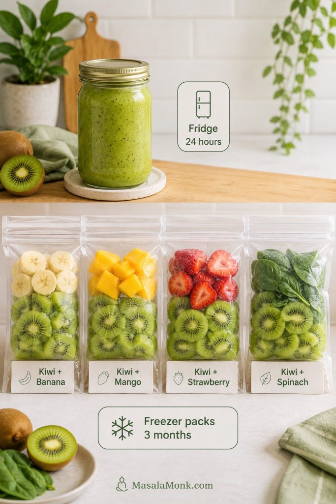 Kiwi smoothie storage image with a fridge jar and freezer packs for kiwi banana, kiwi mango, kiwi strawberry, and kiwi spinach