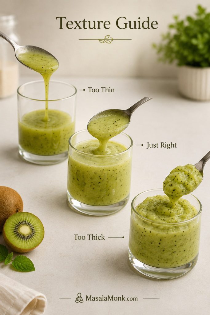 Kiwi smoothie texture guide showing too thin, just right, and too thick spoon textures