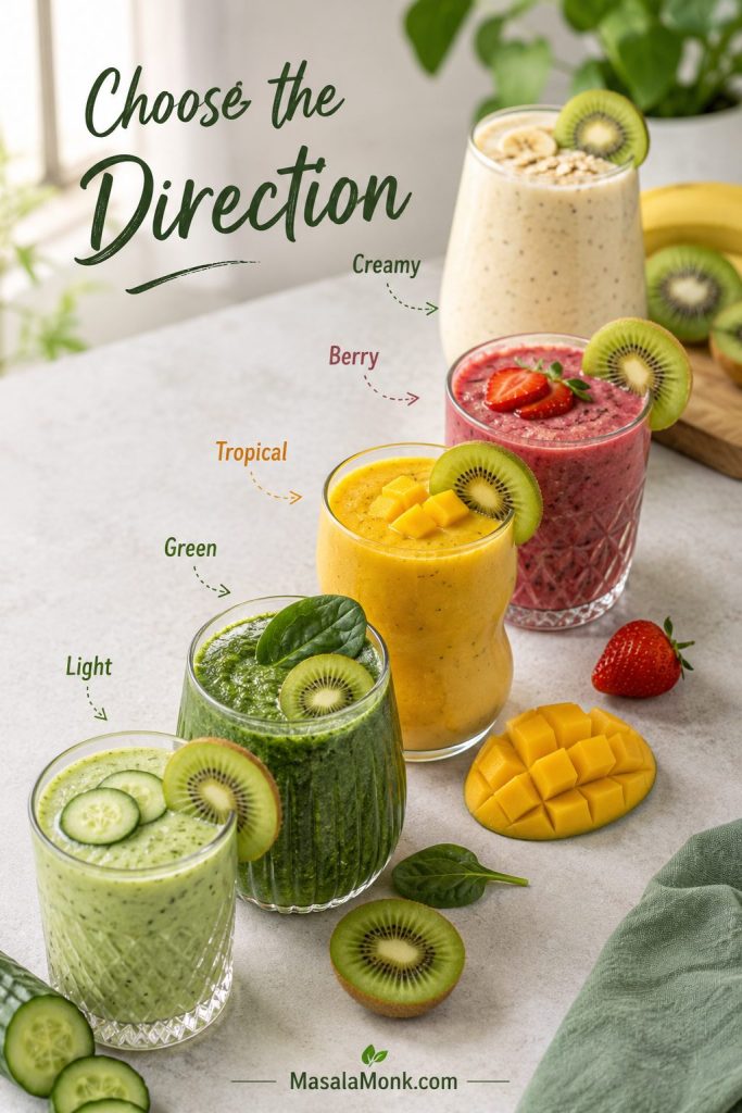 Five kiwi smoothie variations in different glasses with banana, strawberry, mango, spinach, and cucumber styles