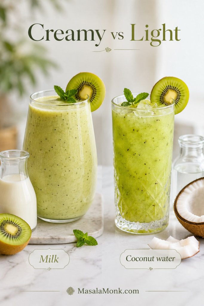 Milk-based kiwi smoothie and coconut-water kiwi smoothie shown side by side