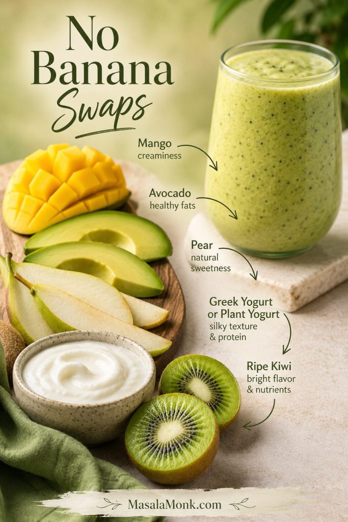 Kiwi smoothie without banana shown with mango, avocado, pear, yogurt, and kiwi