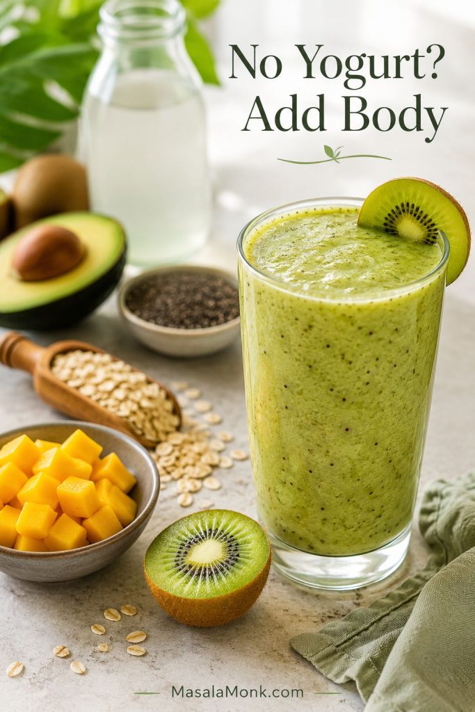 Kiwi smoothie without yogurt shown with mango, avocado, oats, chia seeds, and plant milk