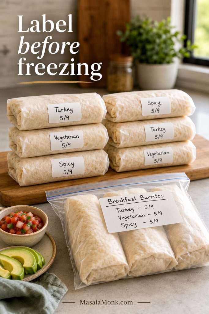 Wrapped breakfast burritos labeled turkey, vegetarian, and spicy before being stored in a freezer bag.