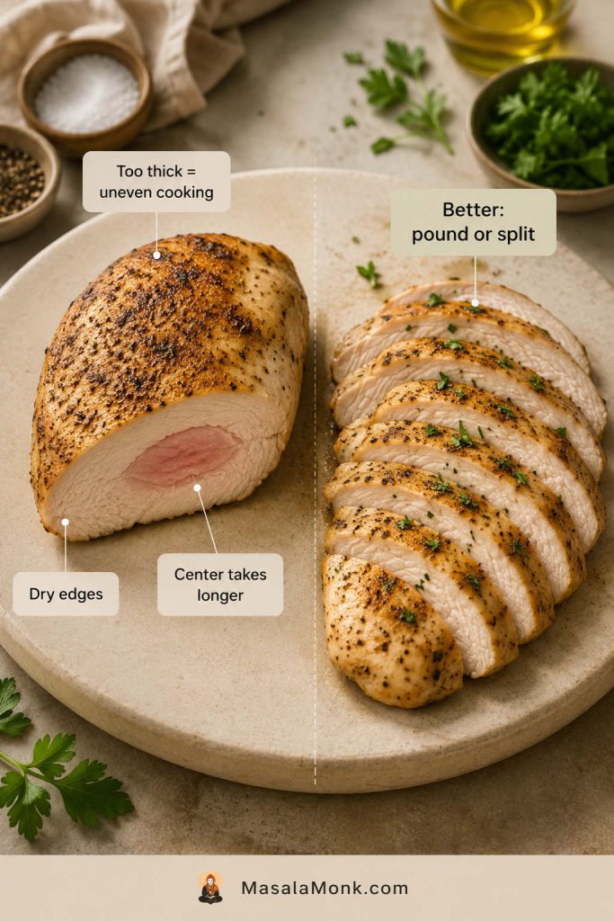 Large thick baked chicken breast showing dry edges and a center that takes longer, compared with better pounded or split chicken.