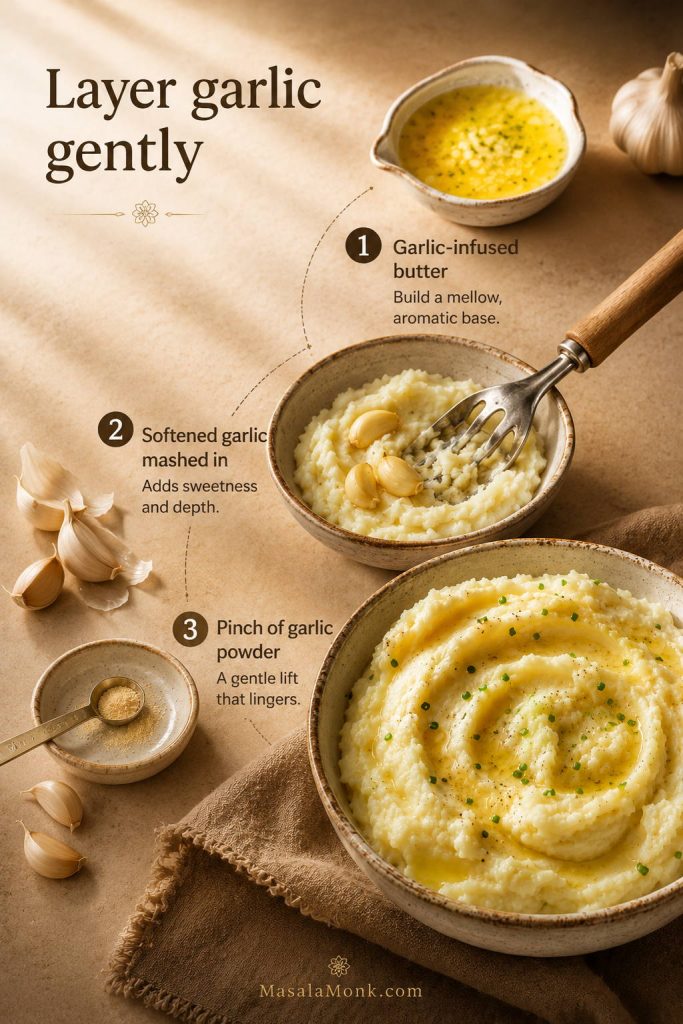 Garlic-infused butter, softened garlic cloves, garlic powder, and mashed potatoes arranged as a flavor-layering setup.