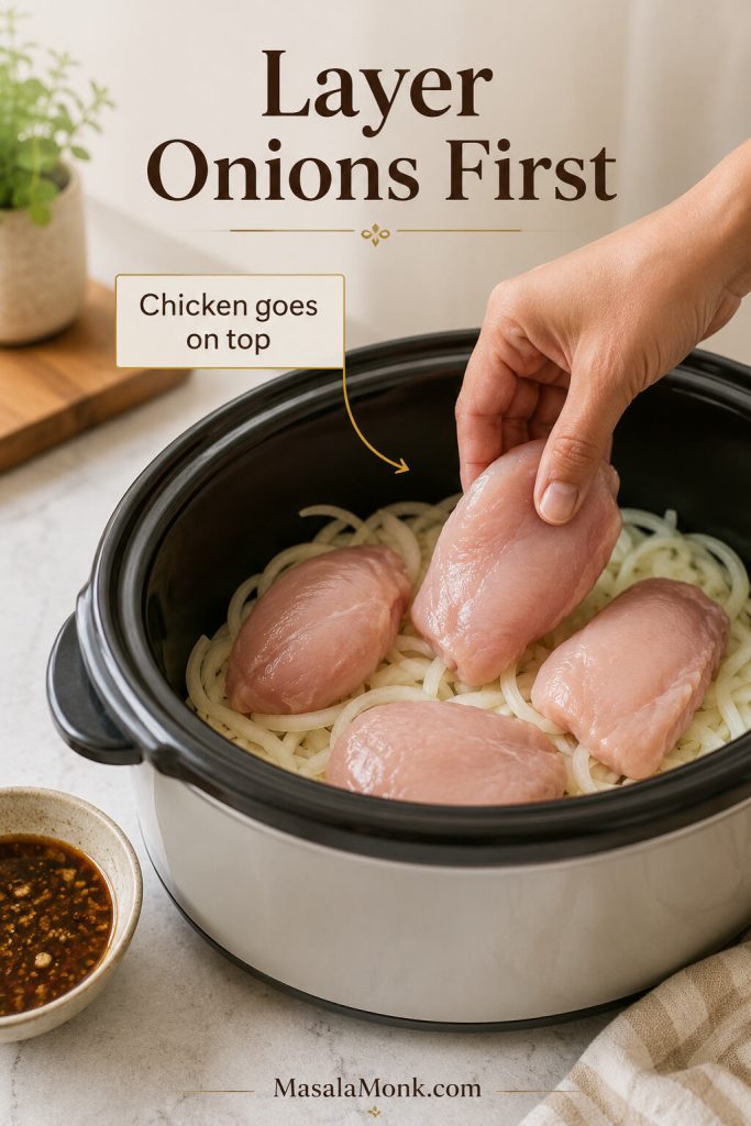 Hand placing chicken pieces over sliced onions in a slow cooker for French onion chicken.