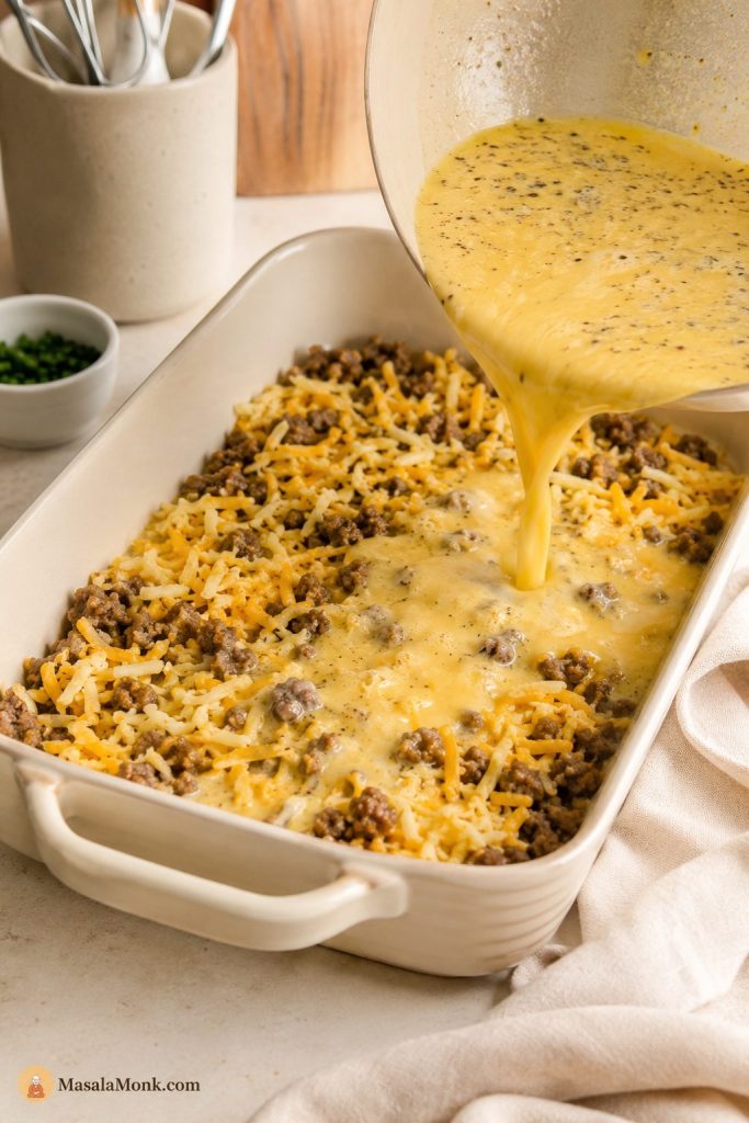 Egg mixture being poured over cooked sausage and shredded cheese in a baking dish for tater tot breakfast casserole.