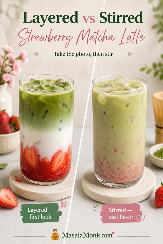 Side-by-side comparison of a layered strawberry matcha latte and a stirred strawberry matcha latte ready to drink.