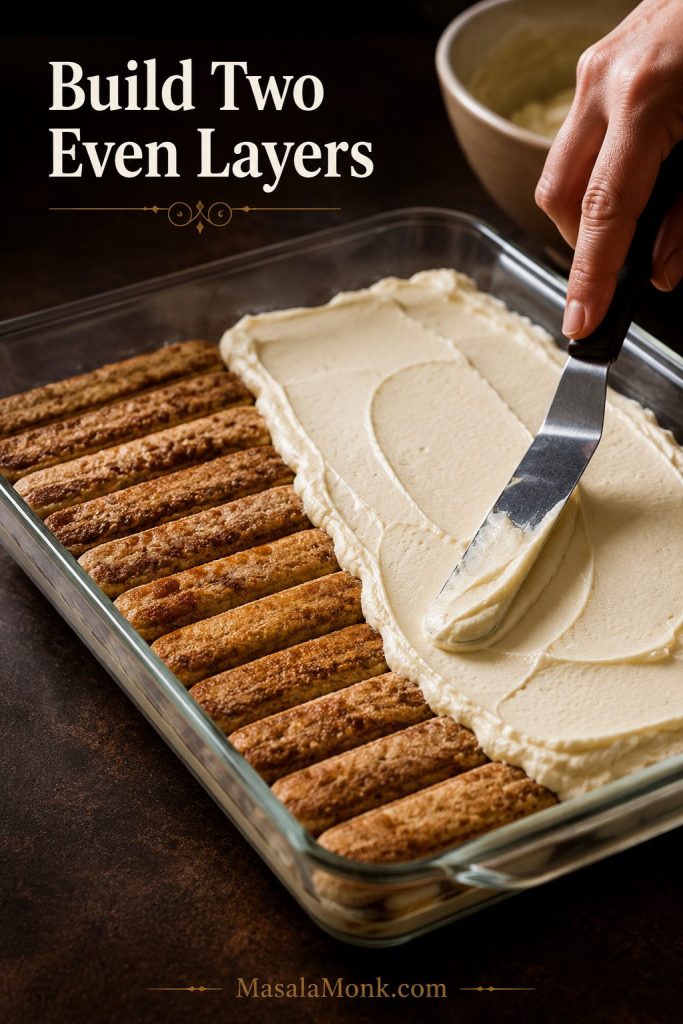 Tiramisu being layered in a 9×13 pan with dipped savoiardi and mascarpone cream spread over the top.