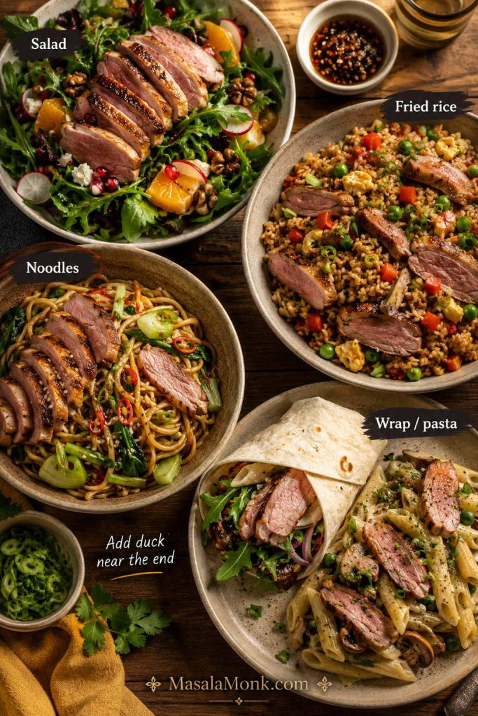 Leftover duck breast served in salad, fried rice, noodles, and a wrap or pasta dish