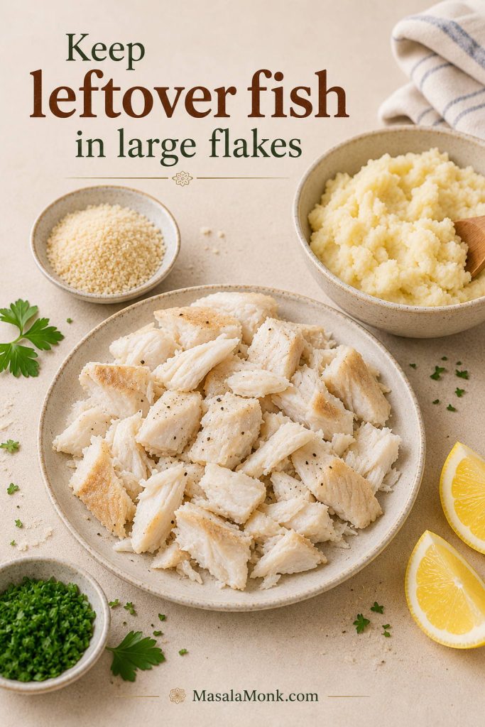 Leftover cooked white fish flakes beside mashed potato, breadcrumbs, lemon, and herbs for making fish cakes