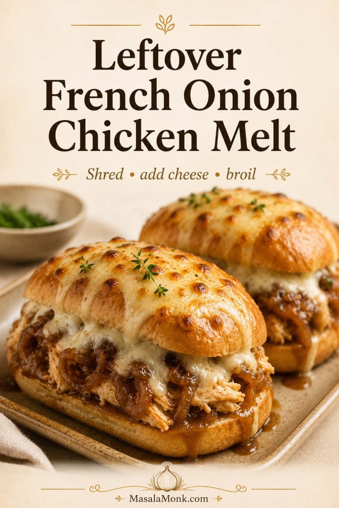 Leftover French onion chicken sandwich melt with shredded chicken, onion gravy, rolls, and melted browned cheese.