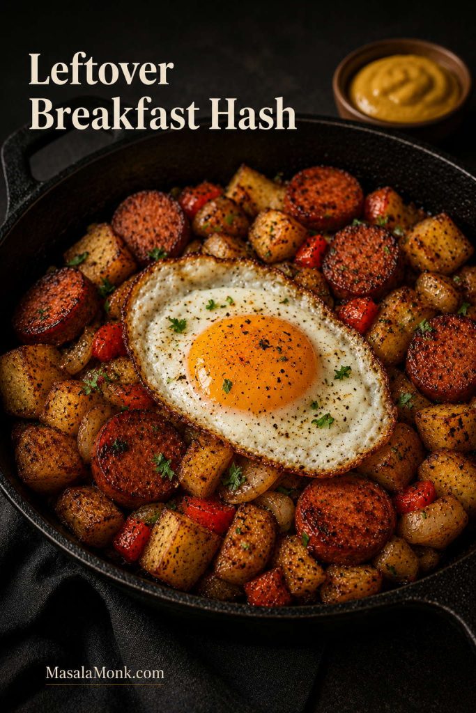 Leftover kielbasa and potatoes reheated as a breakfast hash with a fried egg on top.