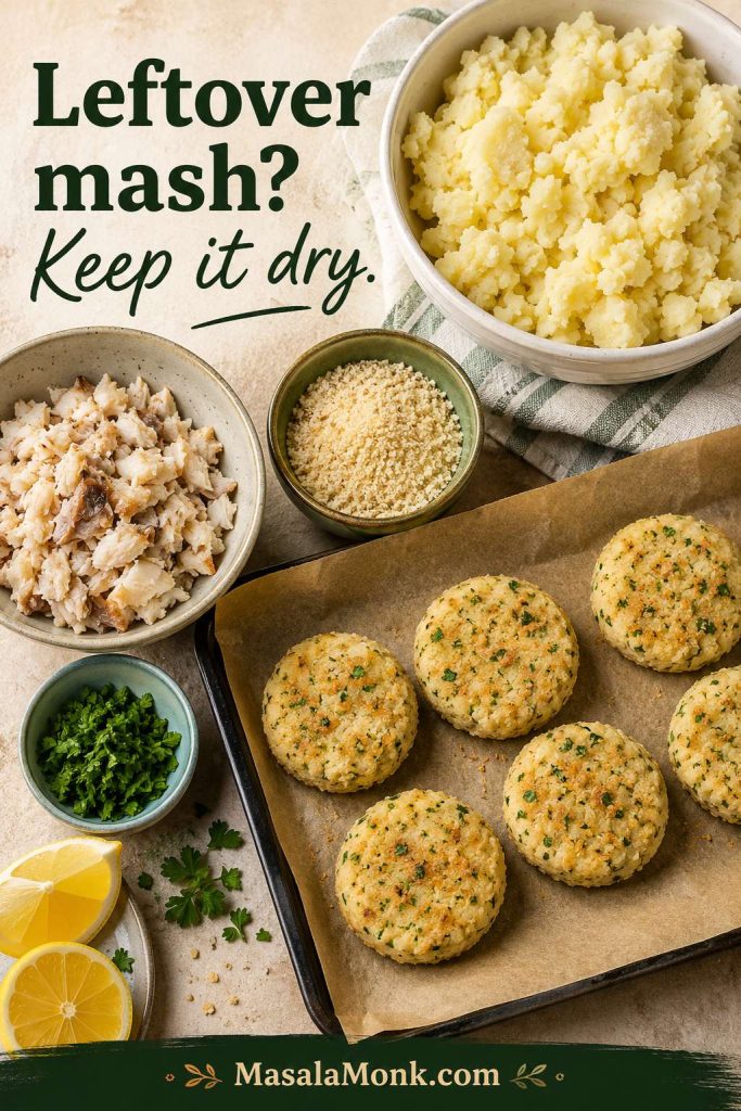 Leftover mashed potato, cooked fish flakes, breadcrumbs, herbs, lemon, and shaped fish cakes on parchment