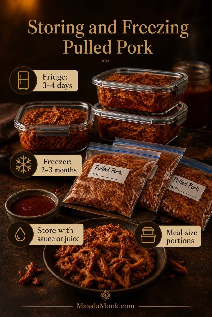 Storage guide showing pulled pork in airtight containers and freezer bags with labels for fridge, freezer, sauce or juice, and meal-size portions.