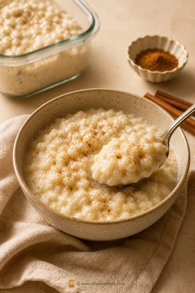 Finished bowl of leftover rice pudding with cinnamon and a spoonful lifted from the bowl, with a storage container in the background.