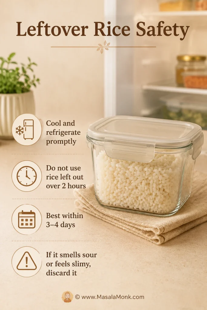 Leftover rice safety guide with cooked rice in a covered container, refrigerator cue, and storage time reminders.